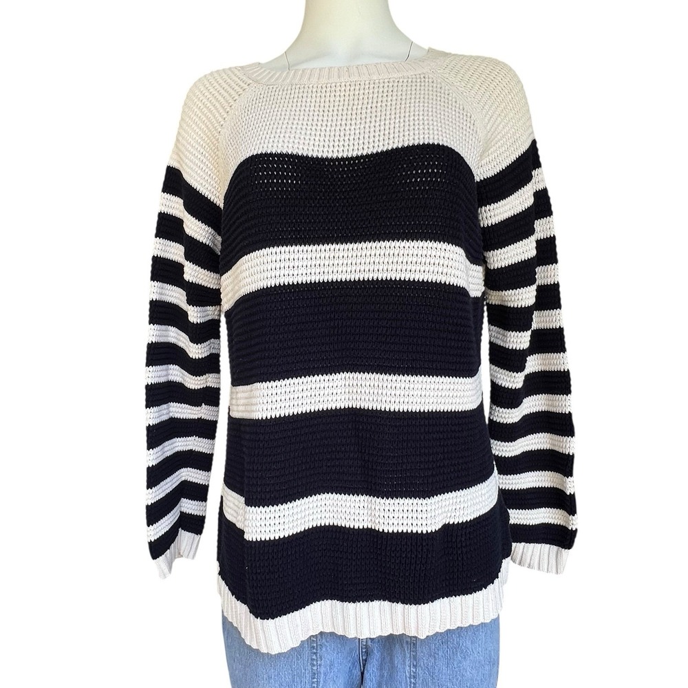 Talbots‎ Sweater Womens L Cream Navy Blue Chunky Knit Pullover Nautical Coastal
